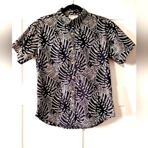 Kainalu Men's Hawaiian Aloha Shirt Black  White Monstera Print Cotton Size S